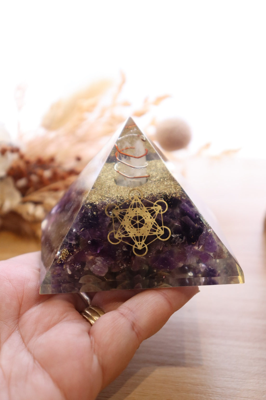 Orgonite Pyramid | Amethyst & Clear Quartz | Metatron Cube Symbol