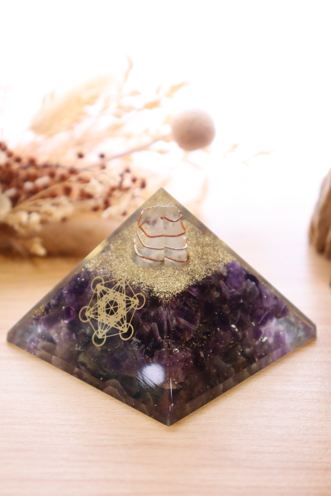 Orgonite Pyramid | Amethyst & Clear Quartz | Metatron Cube Symbol