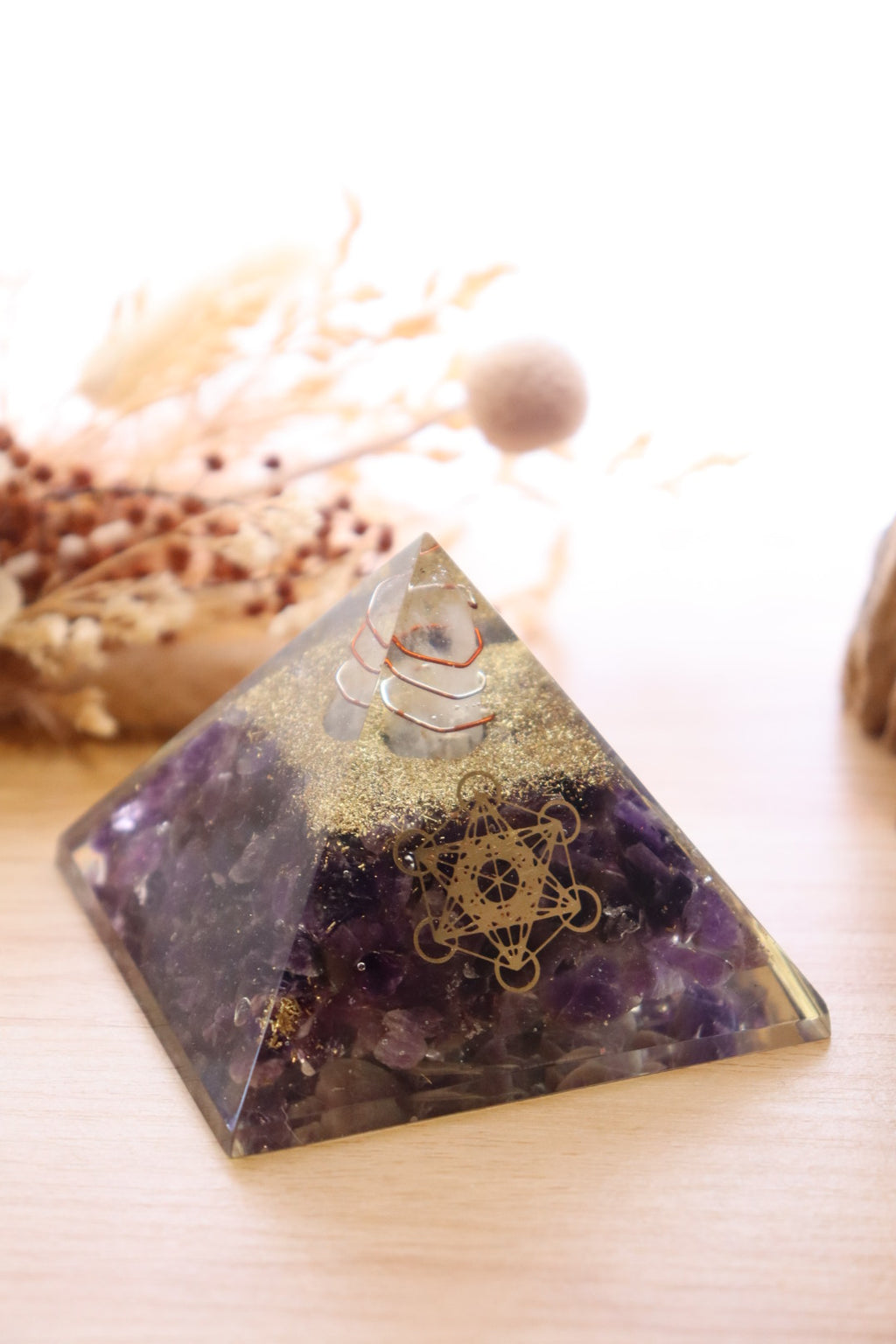 Orgonite Pyramid | Amethyst & Clear Quartz | Metatron Cube Symbol