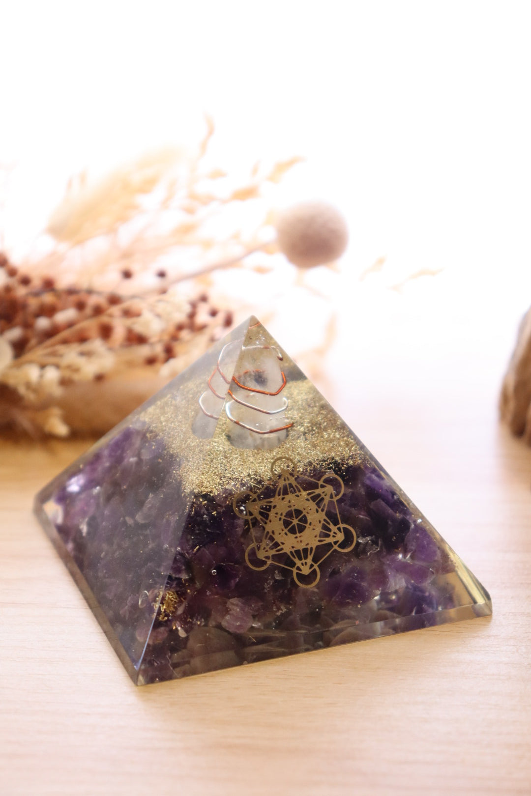 Orgonite Pyramid | Amethyst & Clear Quartz | Metatron Cube Symbol