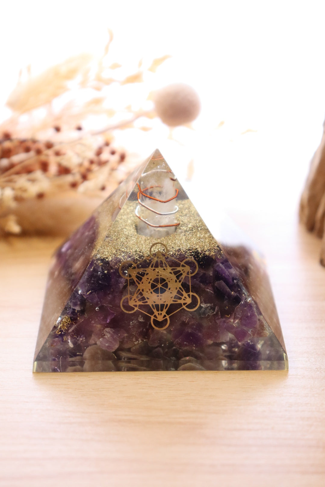 Orgonite Pyramid | Amethyst & Clear Quartz | Metatron Cube Symbol