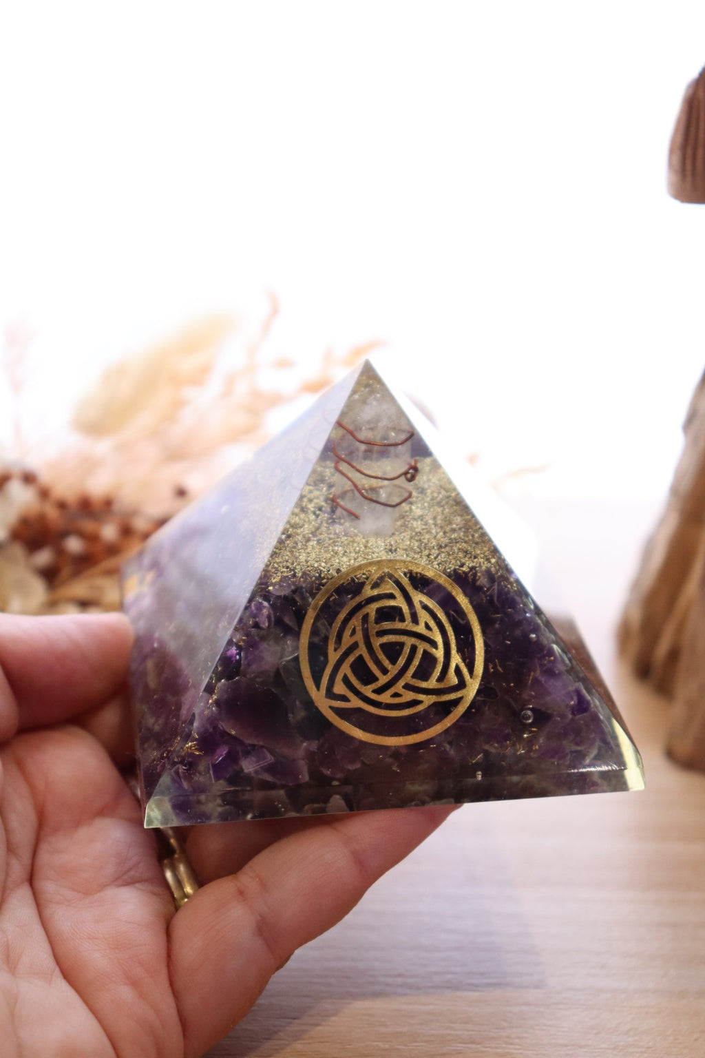 Orgonite Pyramid | Amethyst & Clear Quartz | Triquetra Symbol