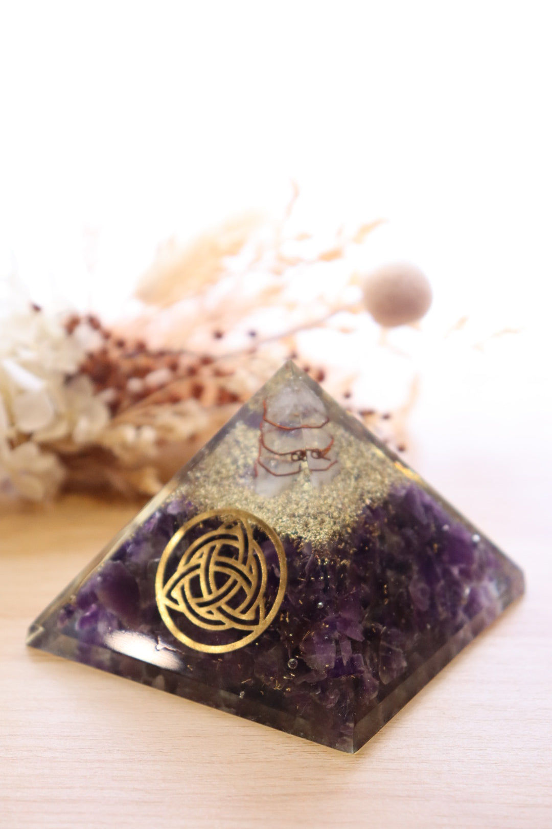 Orgonite Pyramid | Amethyst & Clear Quartz | Triquetra Symbol