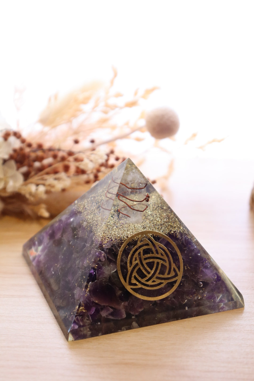 Orgonite Pyramid | Amethyst & Clear Quartz | Triquetra Symbol