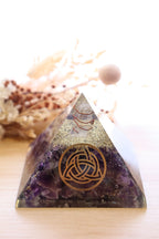 Orgonite Pyramid | Amethyst & Clear Quartz | Triquetra Symbol