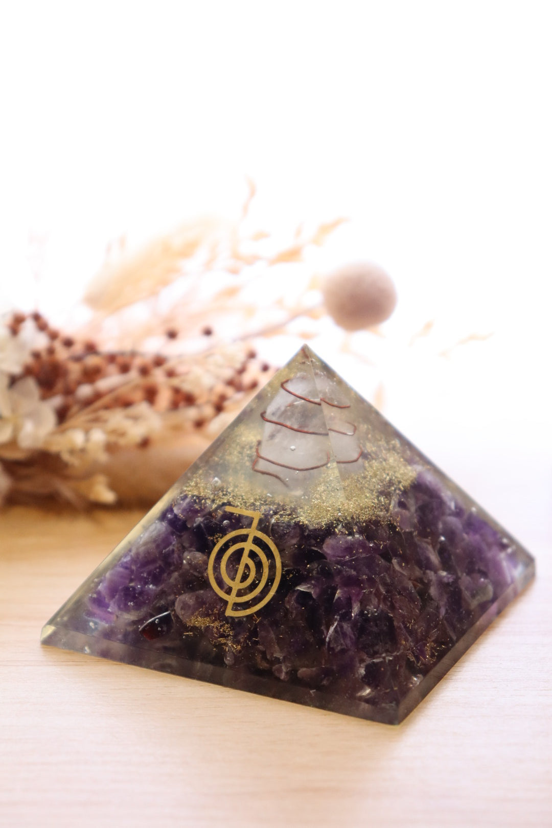 Orgonite Pyramid | Amethyst & Clear Quartz | Cho Ku Rei Reiki Symbol