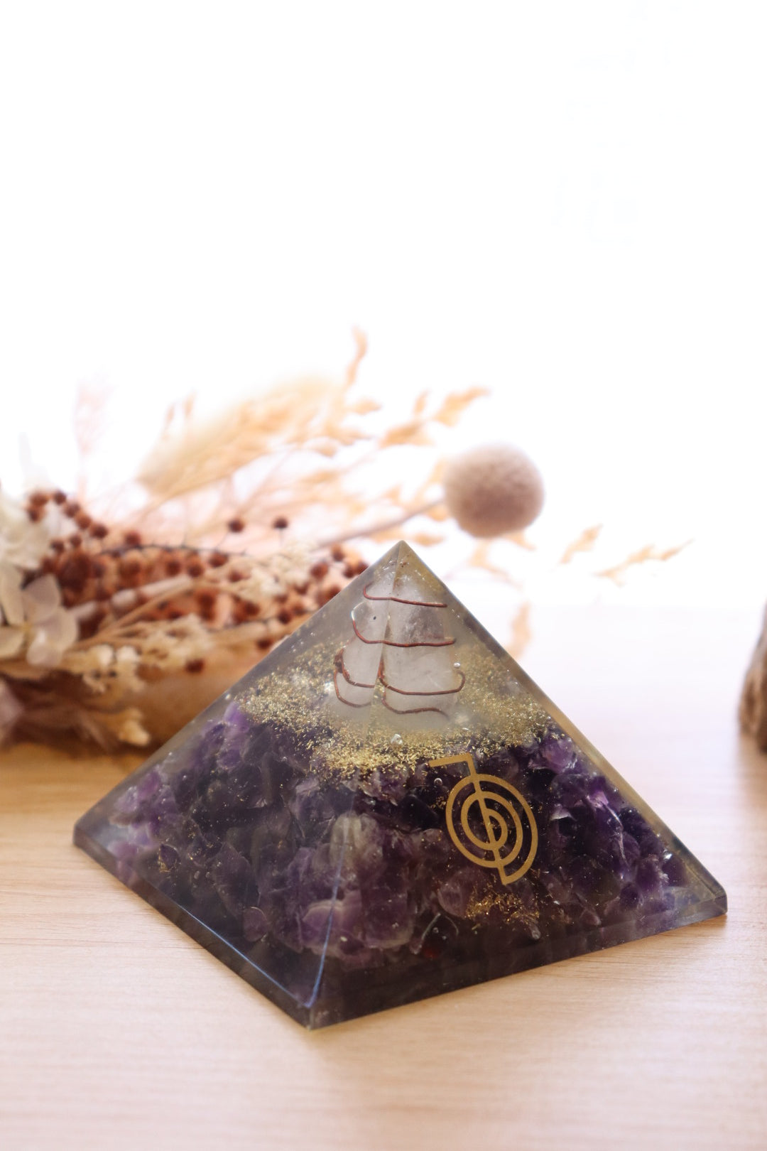 Orgonite Pyramid | Amethyst & Clear Quartz | Cho Ku Rei Reiki Symbol