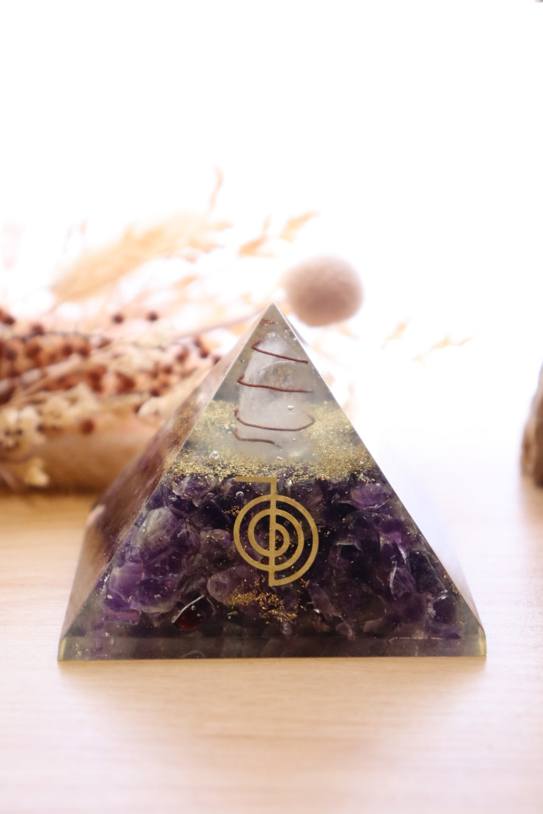 Orgonite Pyramid | Amethyst & Clear Quartz | Cho Ku Rei Reiki Symbol