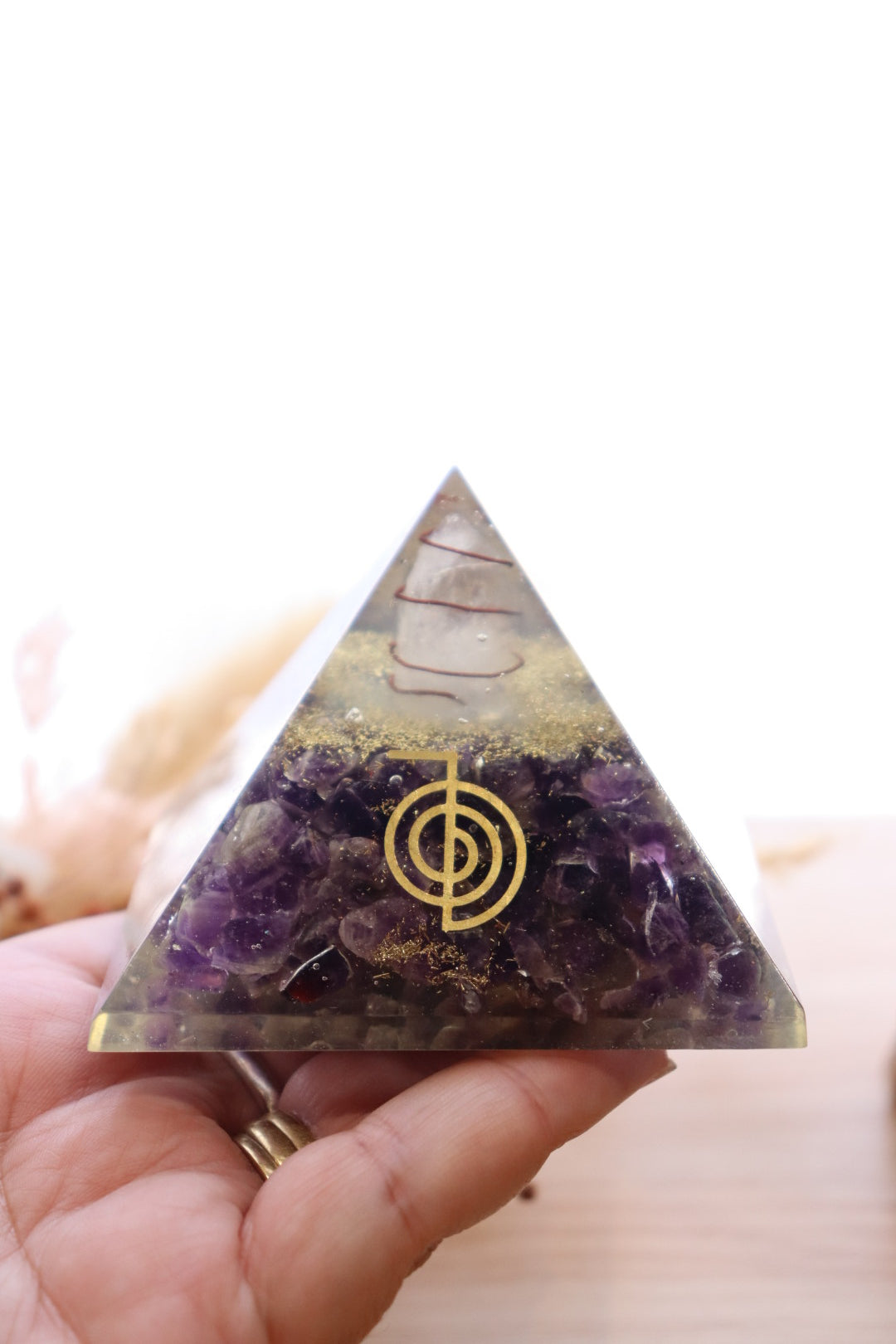 Orgonite Pyramid | Amethyst & Clear Quartz | Cho Ku Rei Reiki Symbol