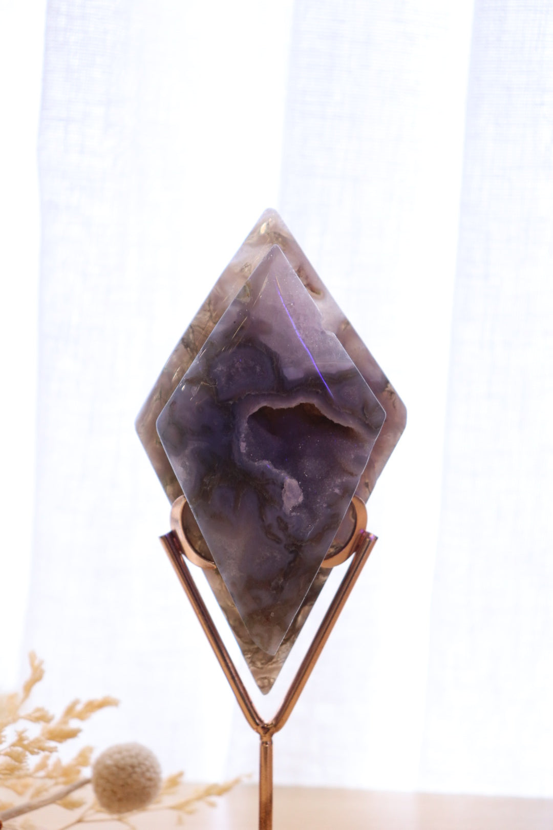 Moss Agate Double Diamond + Rose Gold Stand