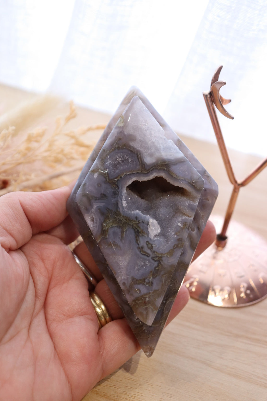 Moss Agate Double Diamond + Rose Gold Stand