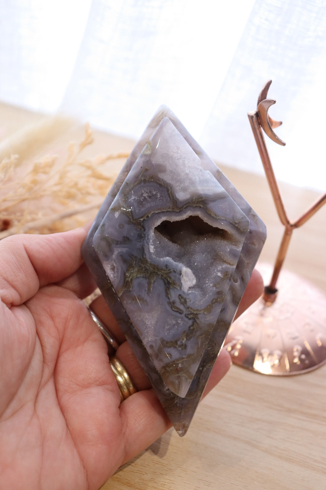 Moss Agate Double Diamond + Rose Gold Stand