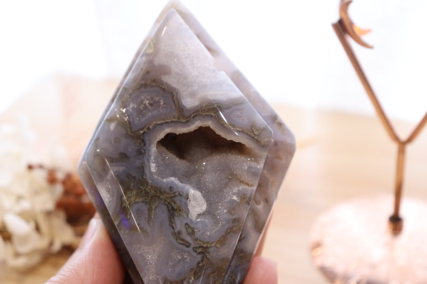 Moss Agate Double Diamond + Rose Gold Stand