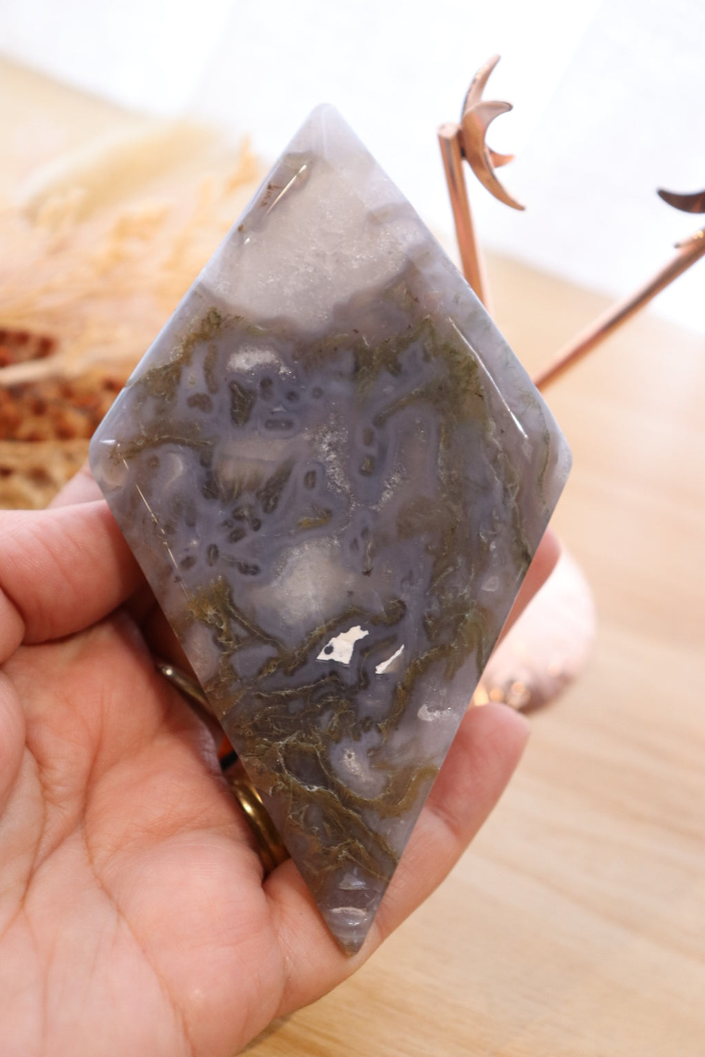 Moss Agate Double Diamond + Rose Gold Stand