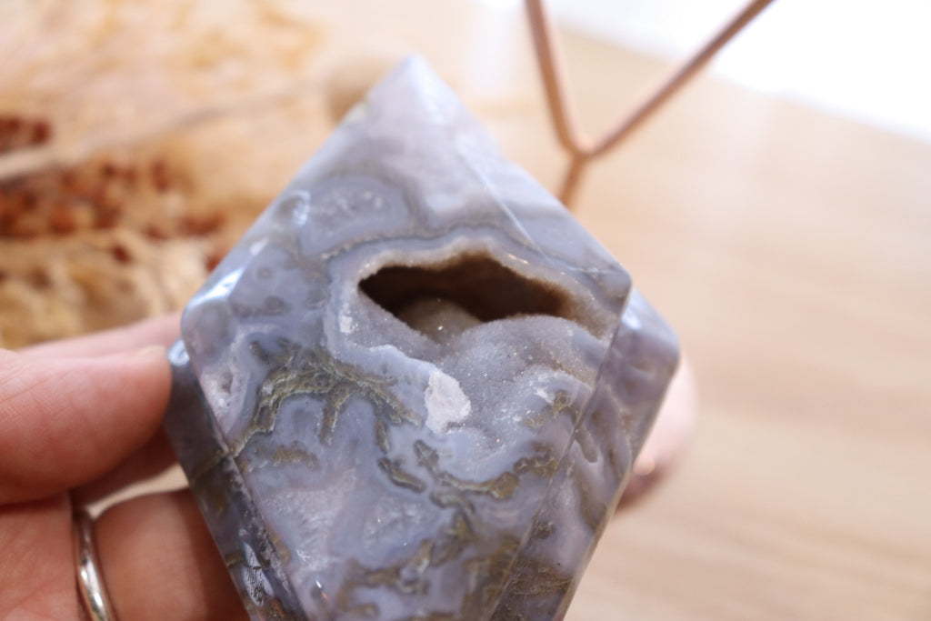 Moss Agate Double Diamond + Rose Gold Stand