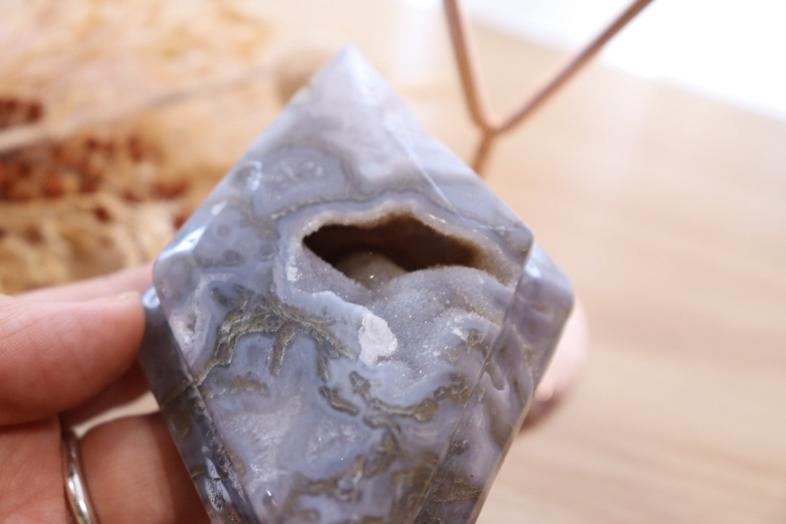 Moss Agate Double Diamond + Rose Gold Stand