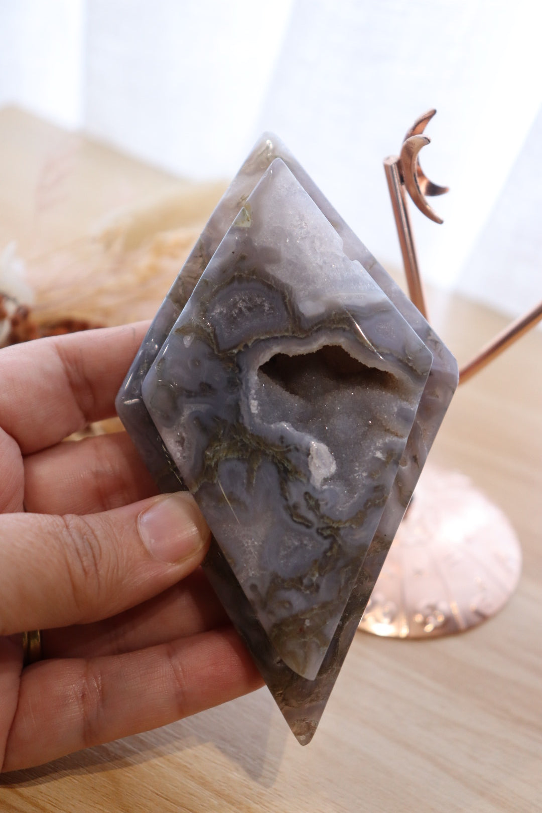 Moss Agate Double Diamond + Rose Gold Stand