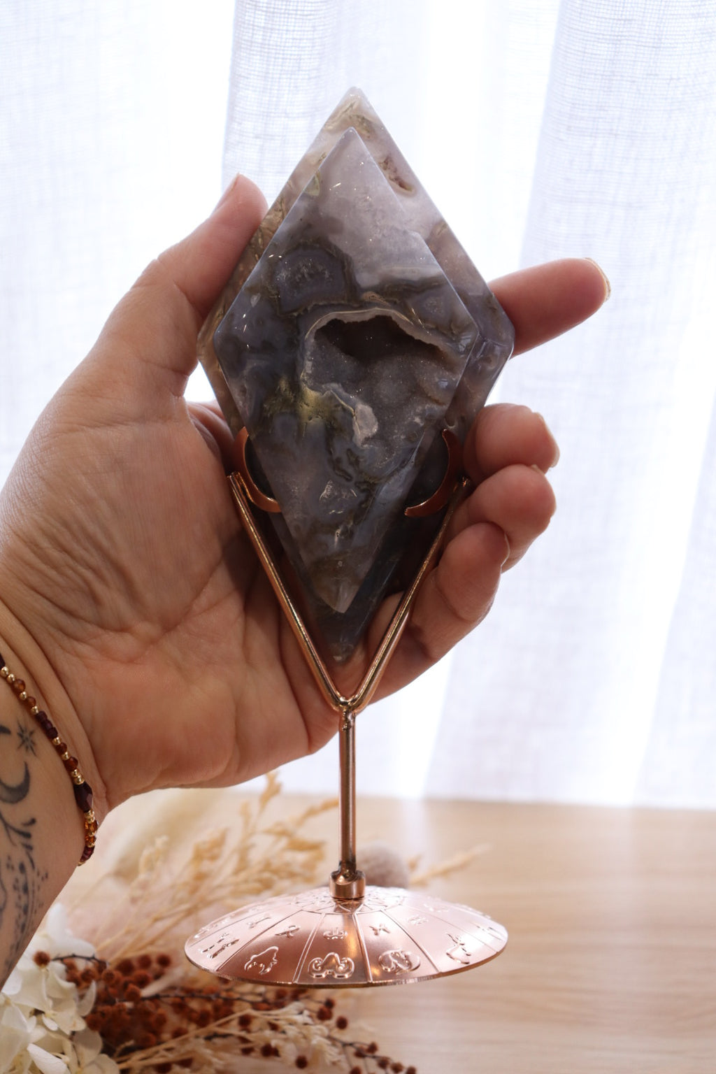 Moss Agate Double Diamond + Rose Gold Stand