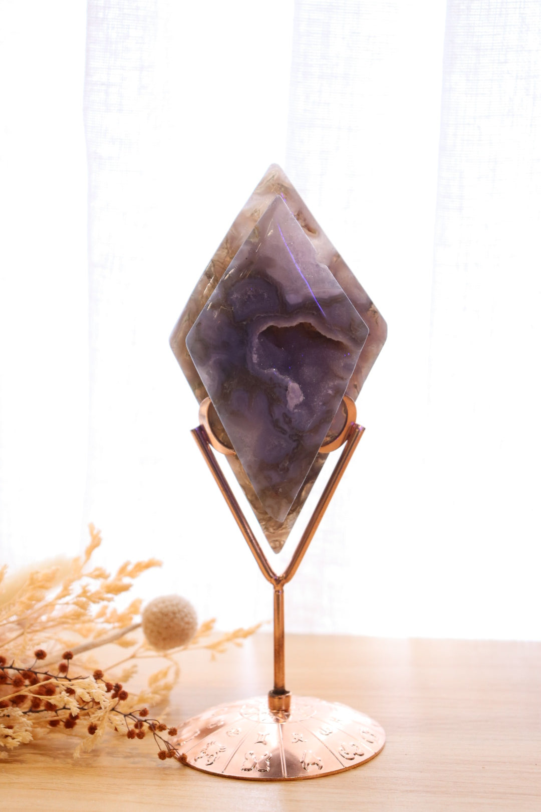 Moss Agate Double Diamond + Rose Gold Stand