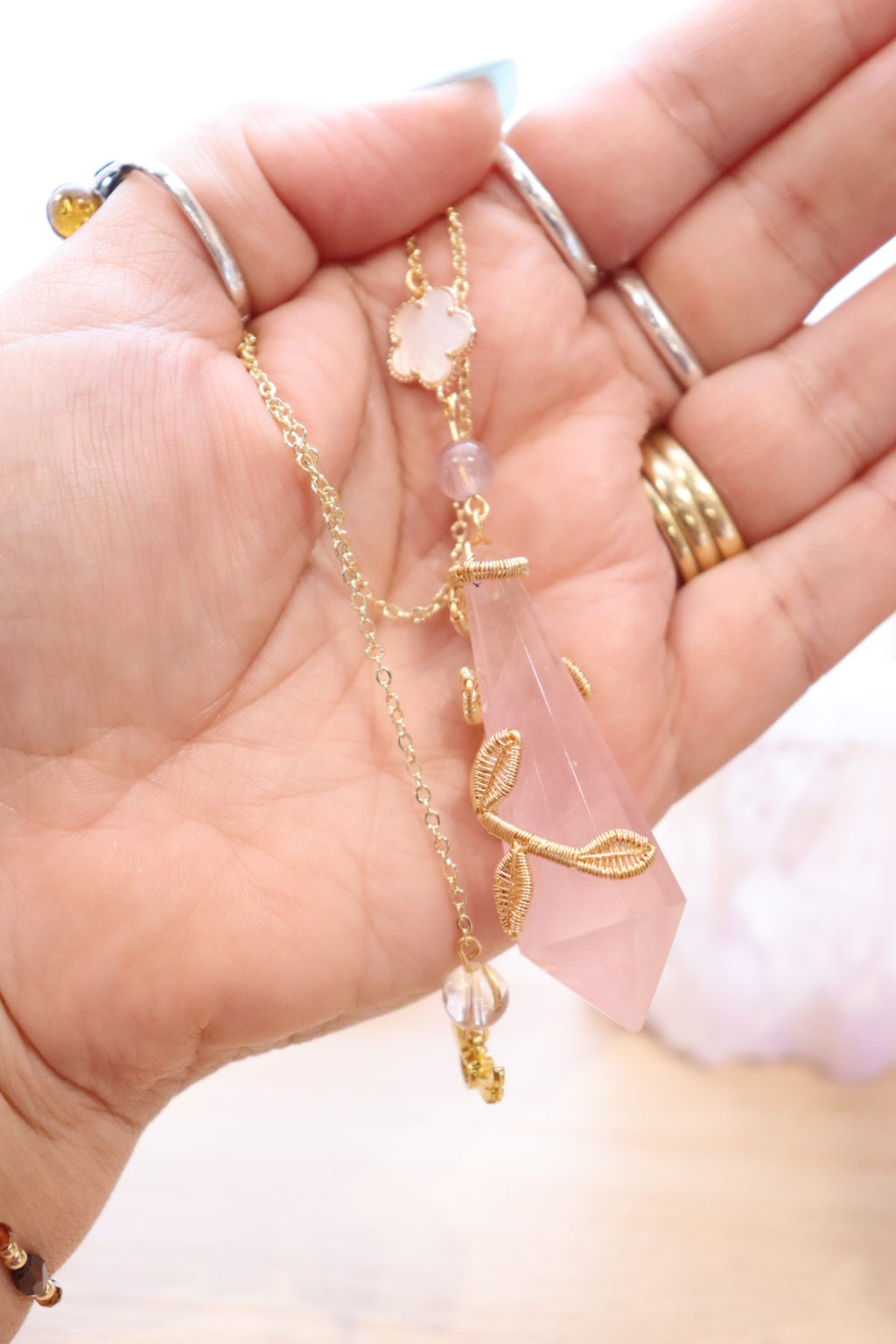 Rose Quartz Pendulum | Gold Wire Wrap