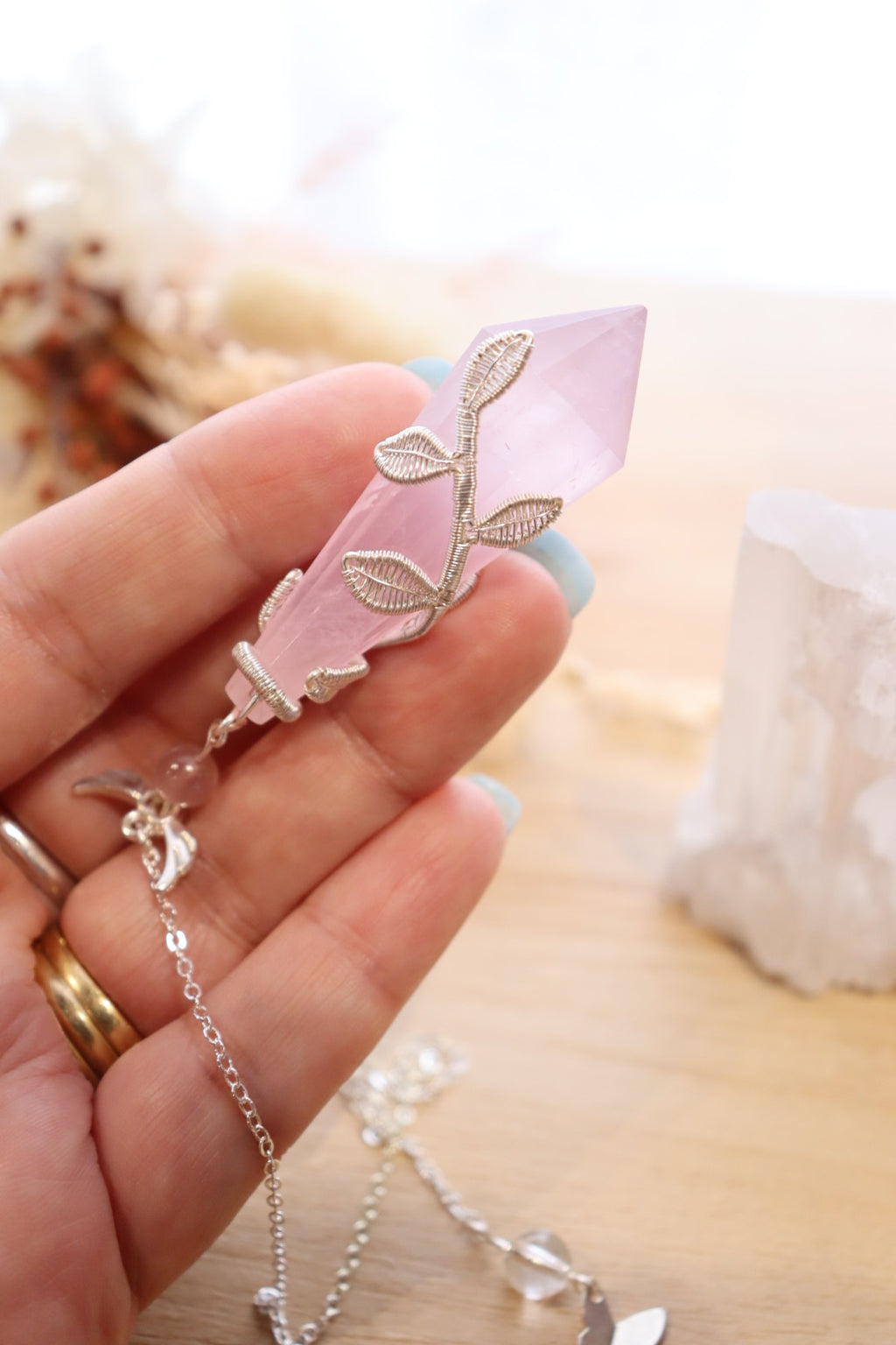 Rose Quartz Pendulum | Silver Wire Wrap