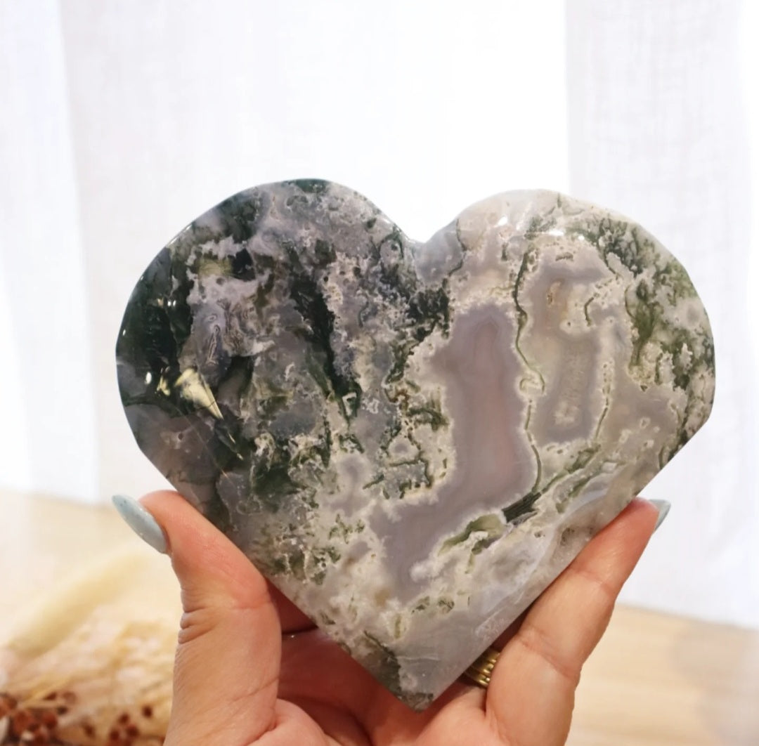 Moss Agate Heart + Stand