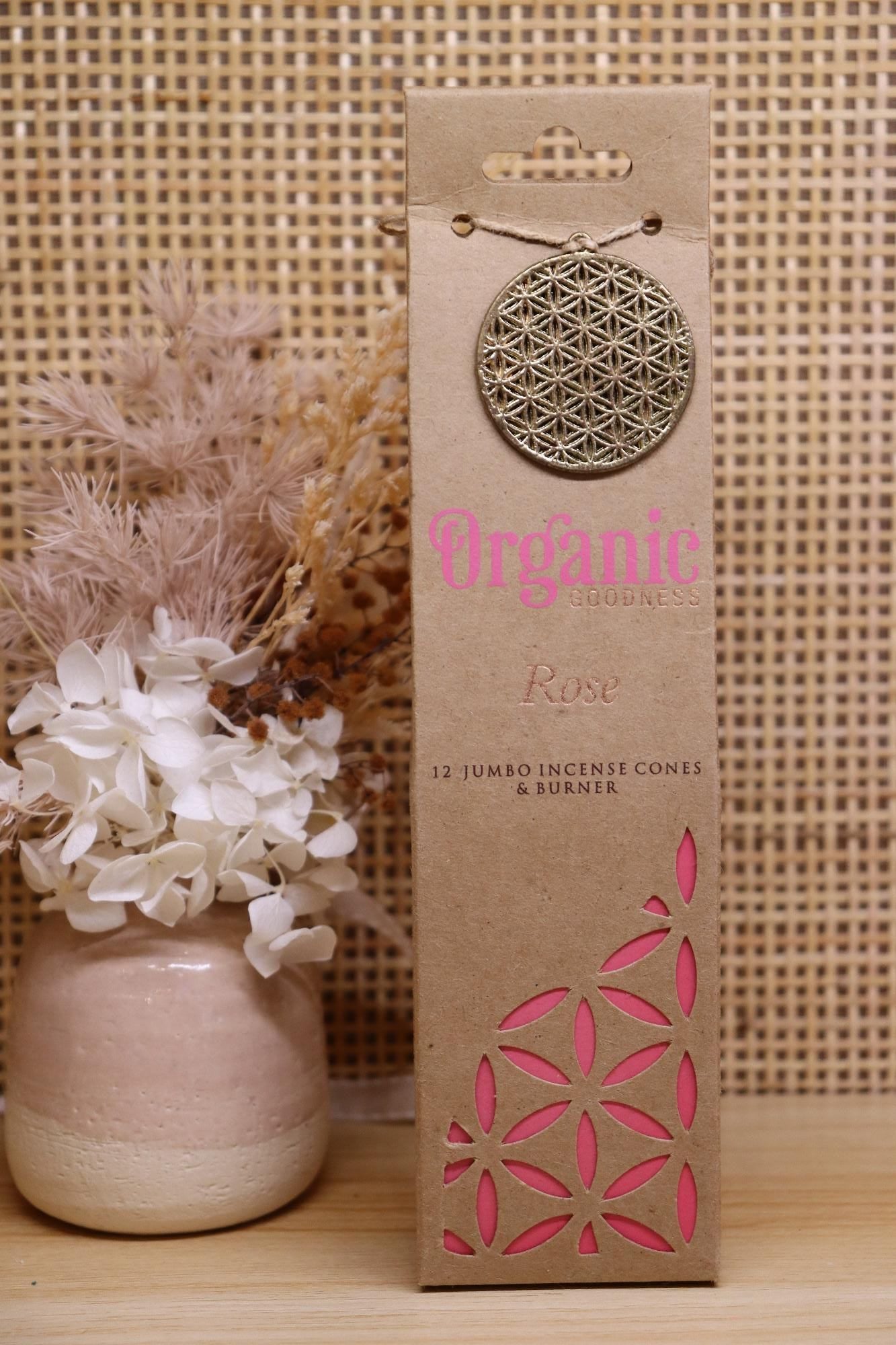 Organic Goodness Jumbo Incense Cones & Mini Burner | Rose