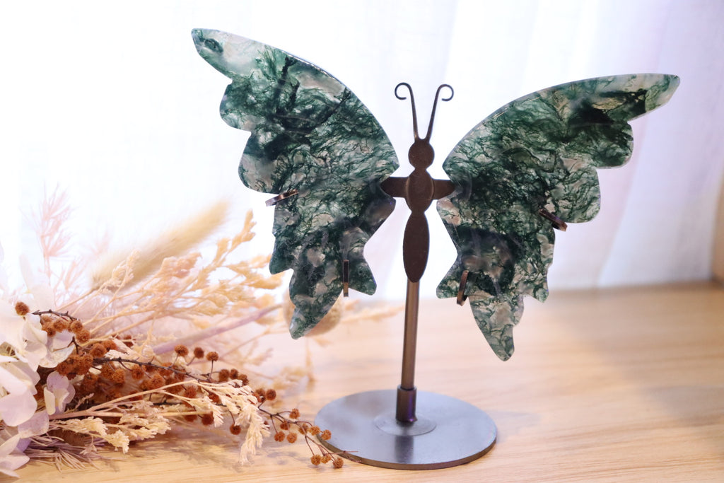 Moss Agate Butterfly + Stand