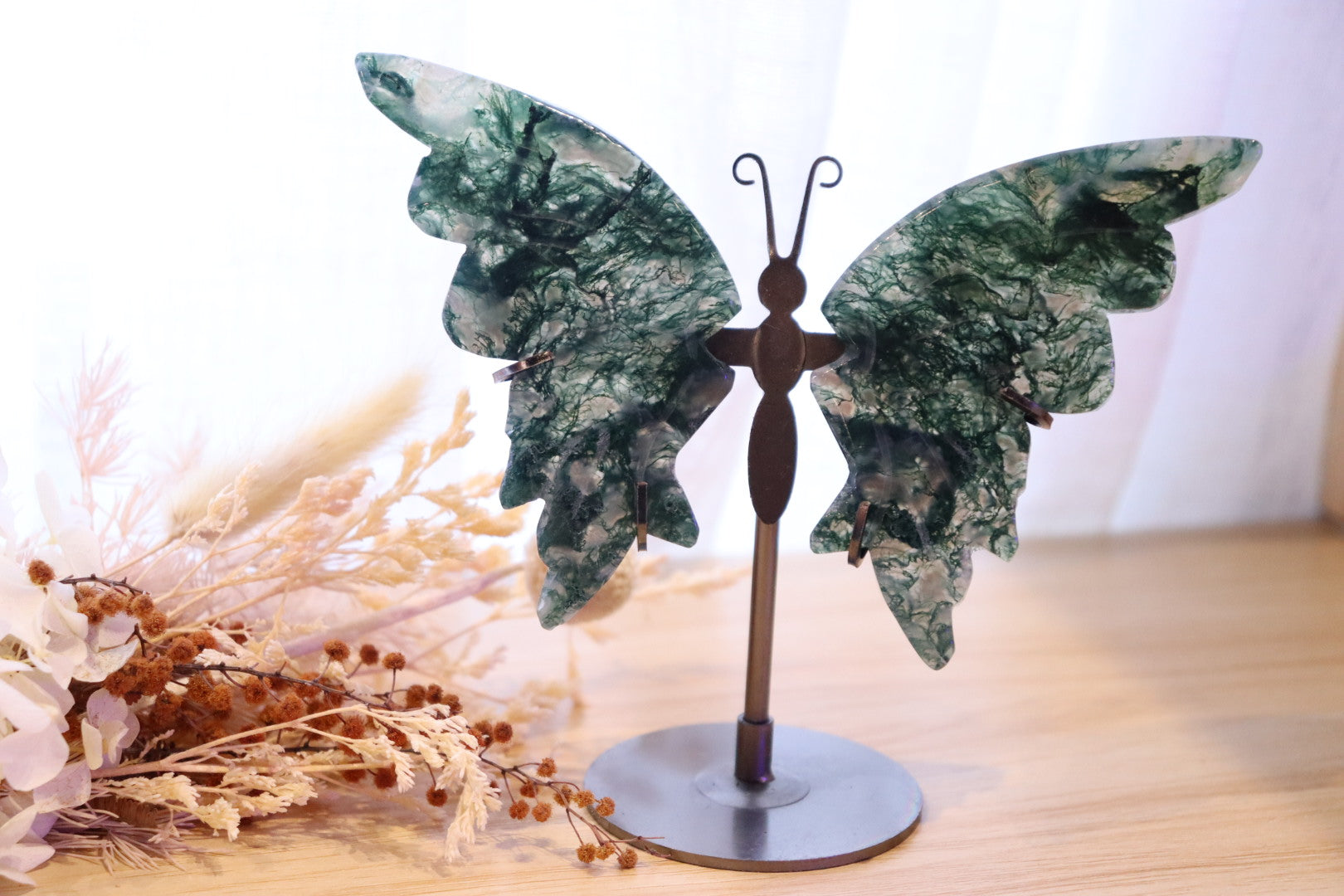 Moss Agate Butterfly + Stand