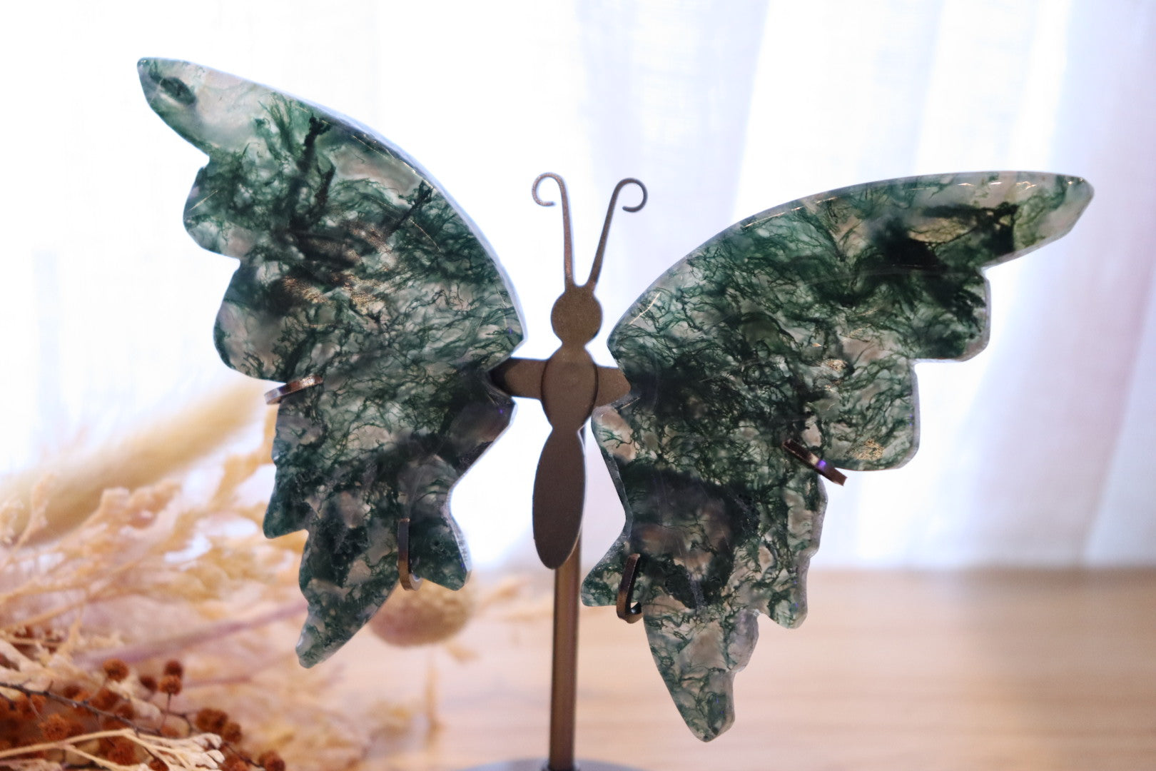 Moss Agate Butterfly + Stand