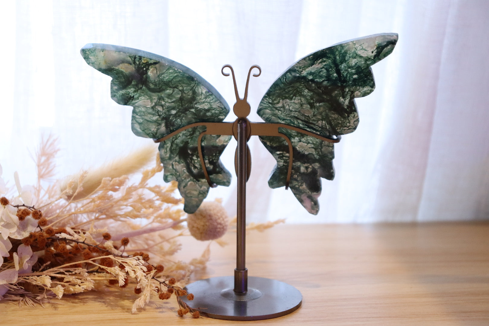 Moss Agate Butterfly + Stand