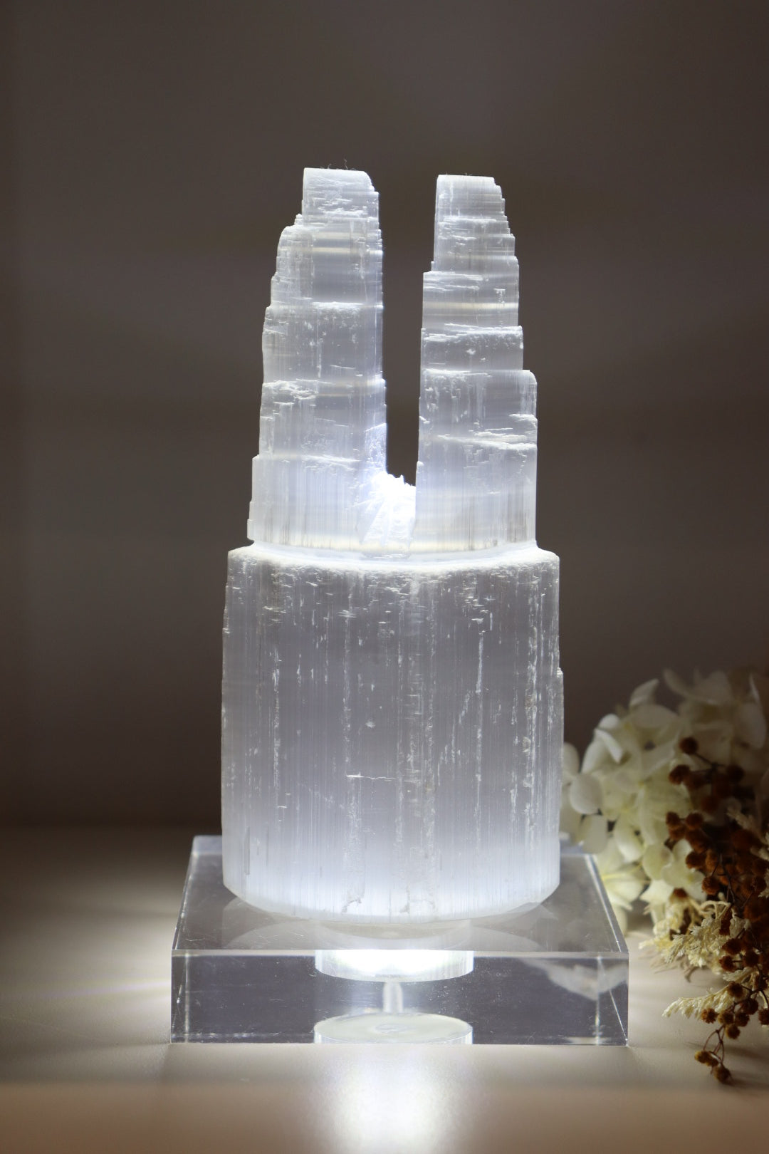 Selenite Twin Tower + Acrylic USB White Light