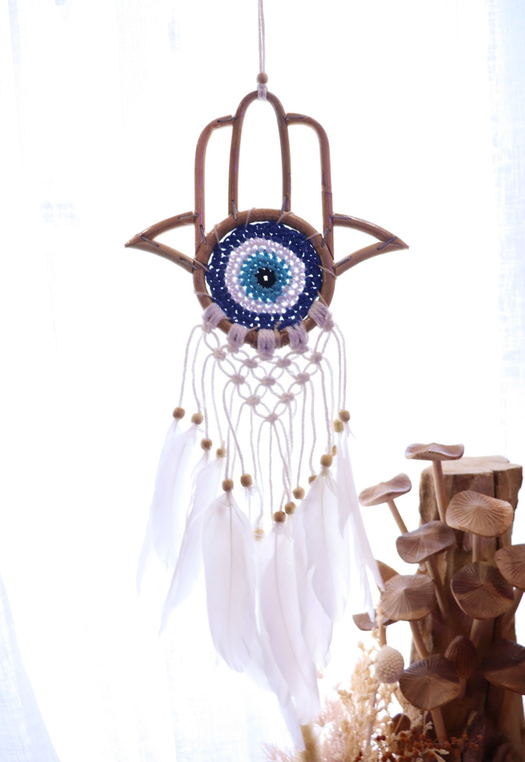 Dream Catcher Hamsa Hand + Evil Eye | Macramé Feathered