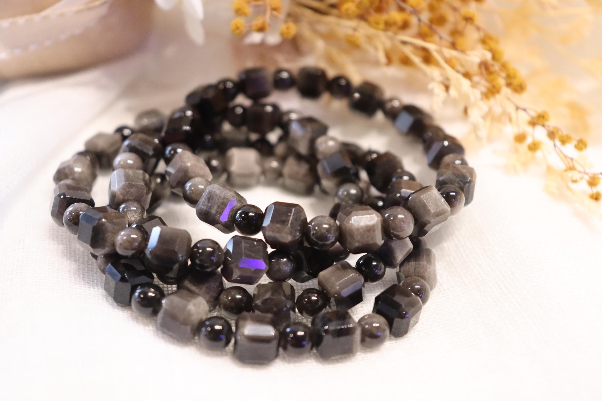 Silver Obsidian Faceted Bracelet | Round 5mm, Square 8mm