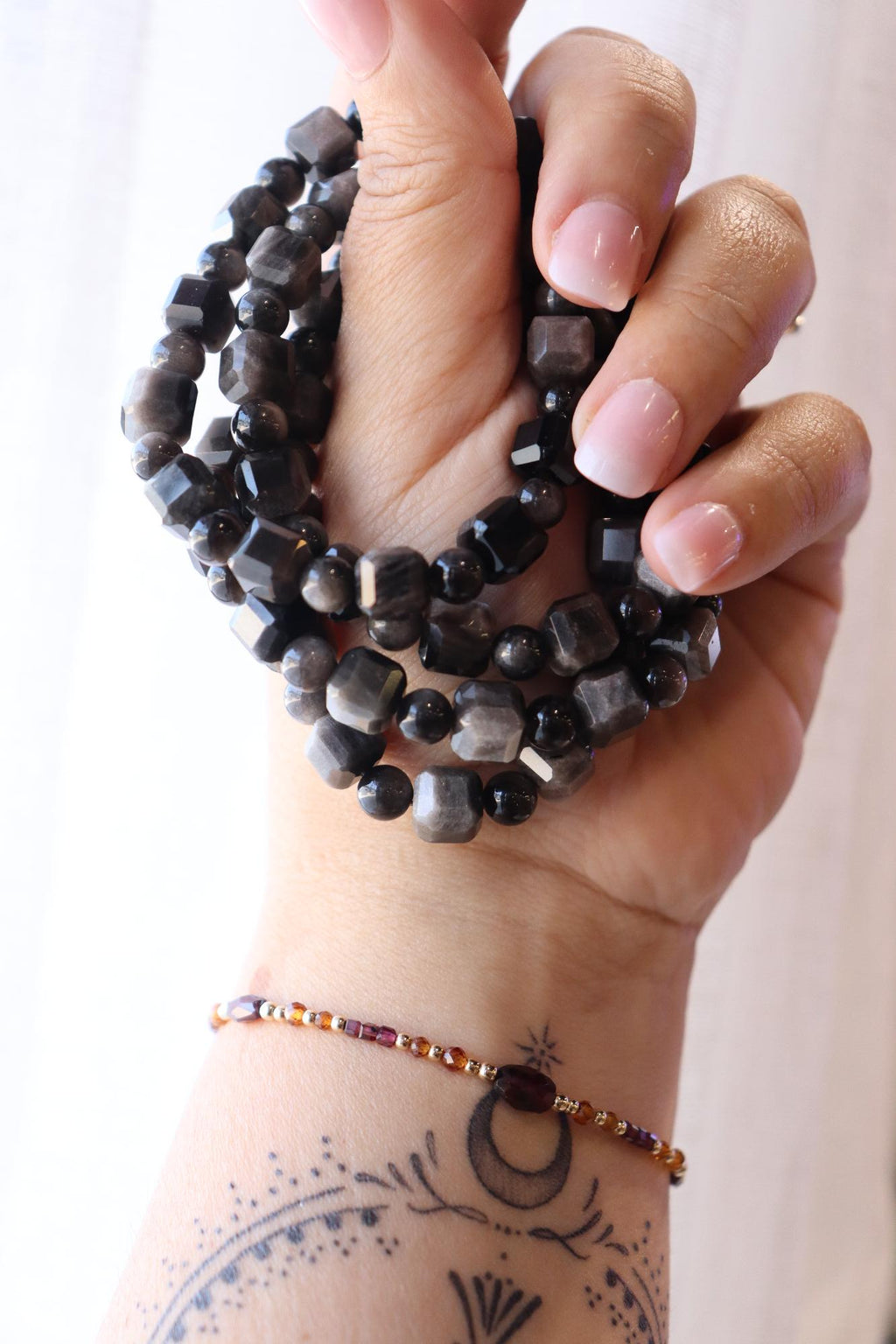 Silver Obsidian Faceted Bracelet | Round 5mm, Square 8mm