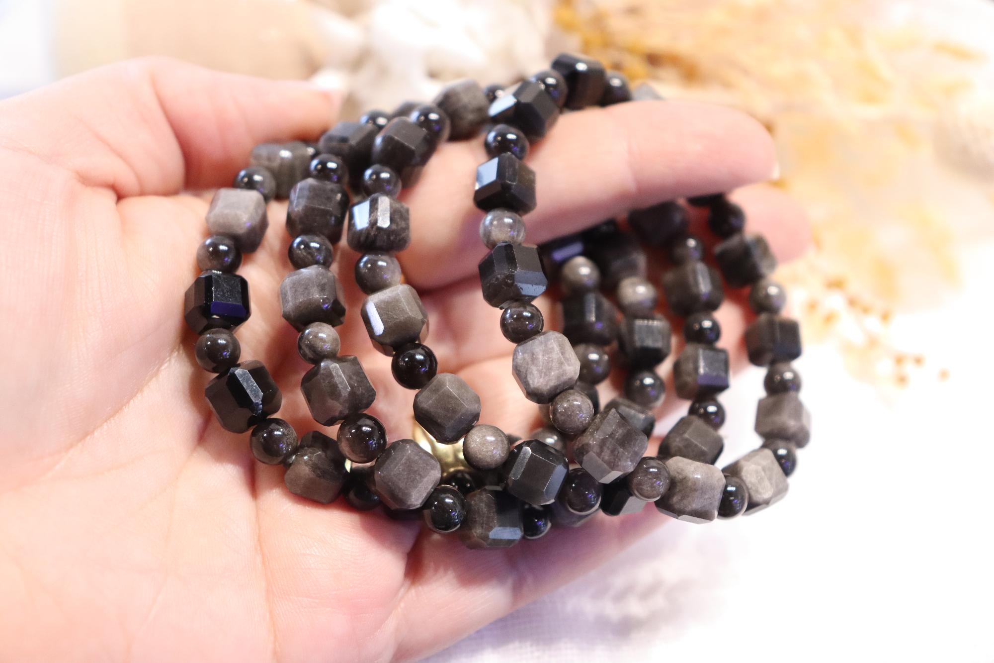 Silver Obsidian Faceted Bracelet | Round 5mm, Square 8mm