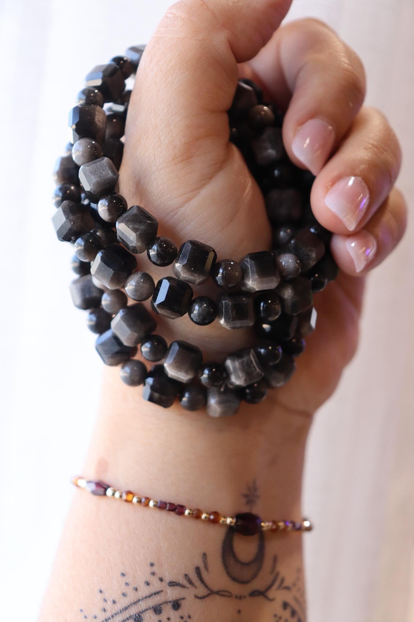 Silver Obsidian Faceted Bracelet | Round 5mm, Square 8mm