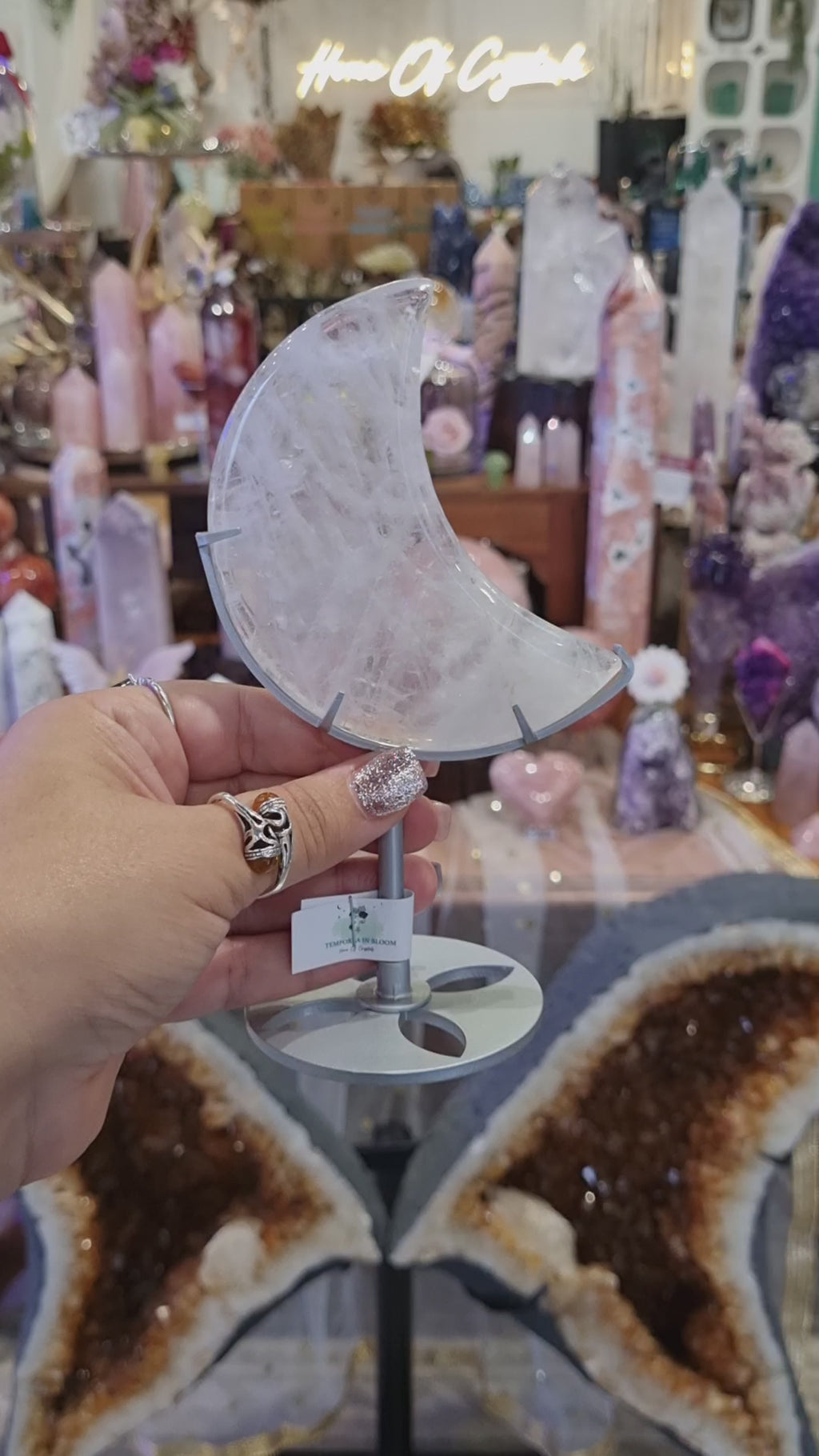 Clear Quartz Moon + Silver Metal Stand | 139g