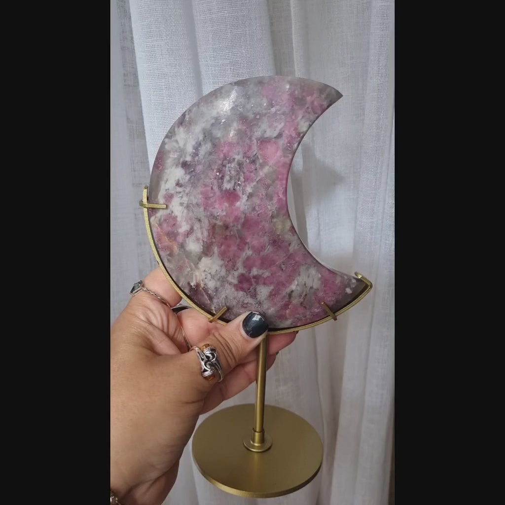 Pink Tourmaline + Lepidolite Mica Moon + Gold Metal Stand | 502g