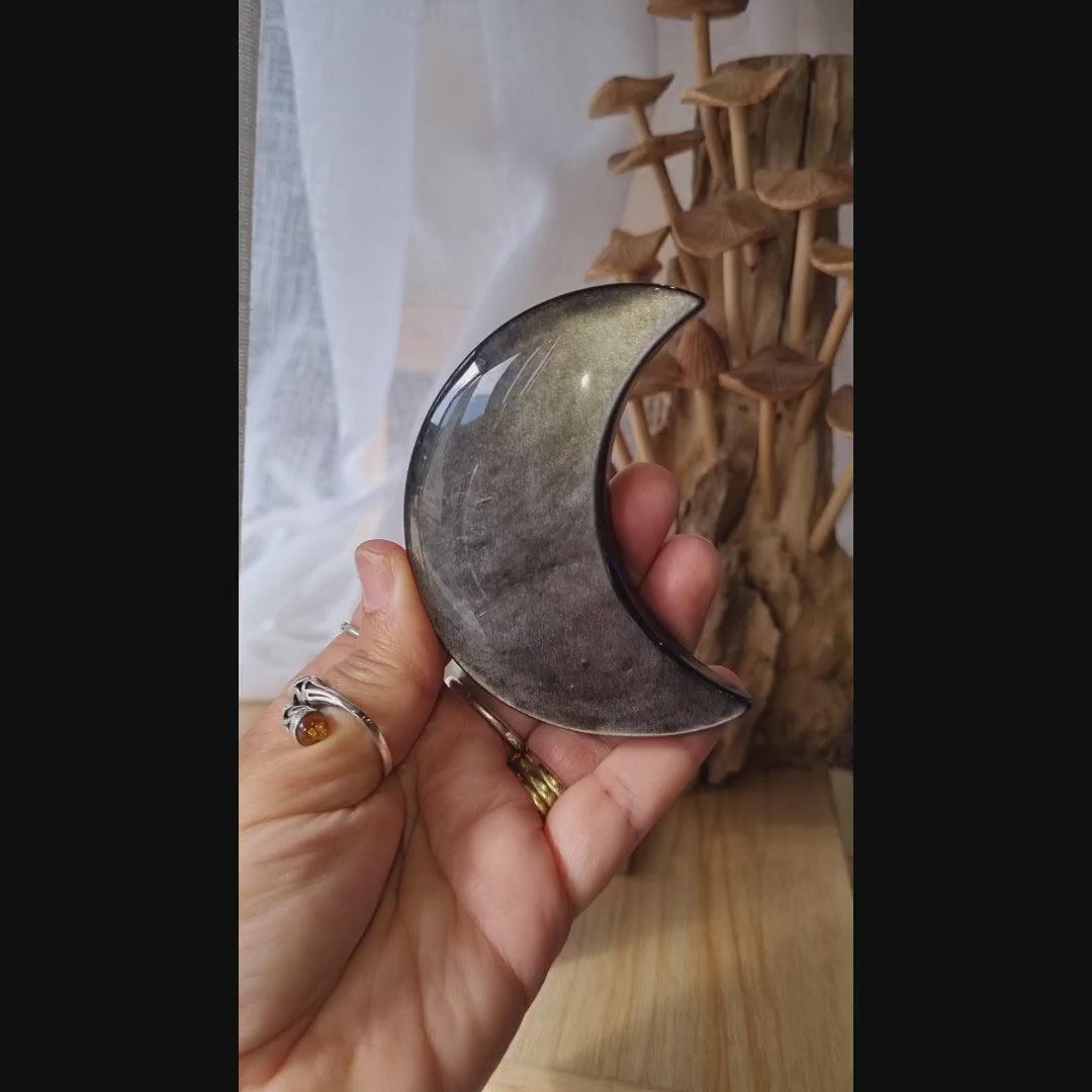 Moon Carving Silver Obsidian + Stand