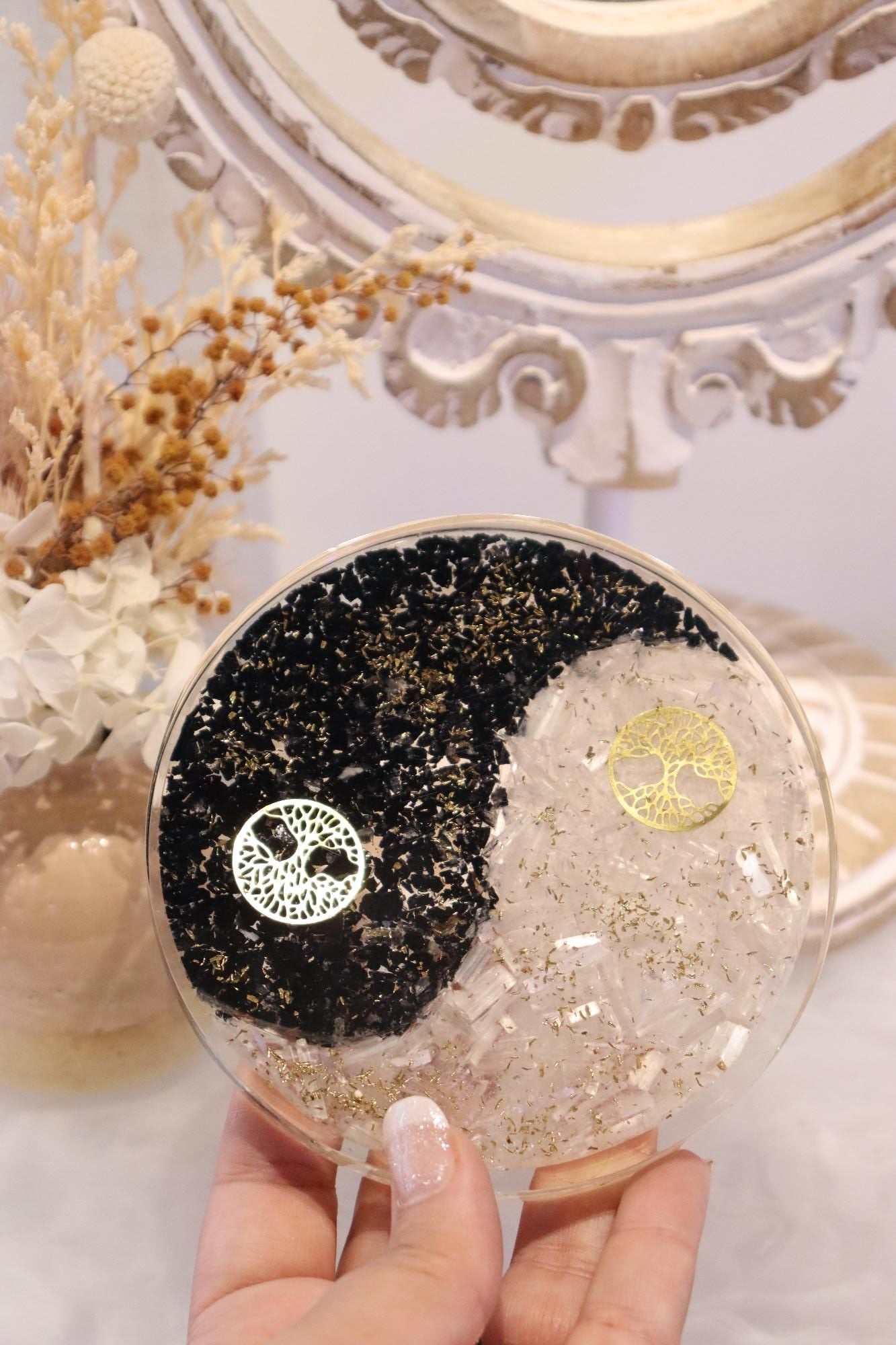 Orgonite Charging Plate | Selenite & Black Obsidian | Tree Of Life Symbol
