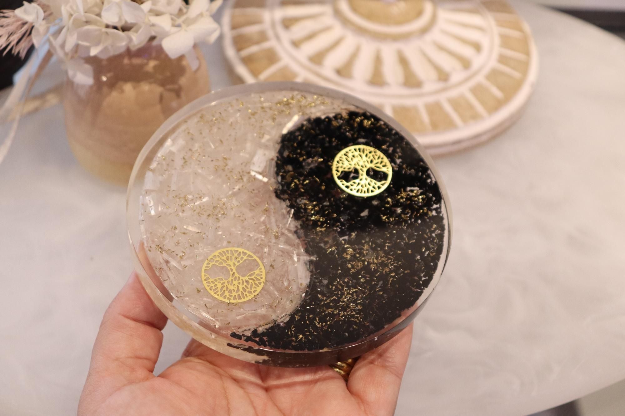 Orgonite Charging Plate | Selenite & Black Obsidian | Tree Of Life Symbol