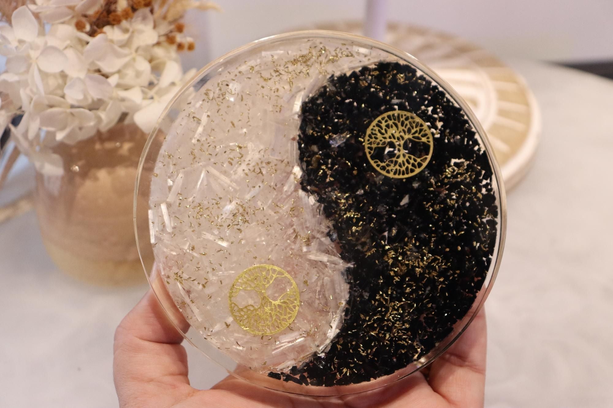 Orgonite Charging Plate | Selenite & Black Obsidian | Tree Of Life Symbol