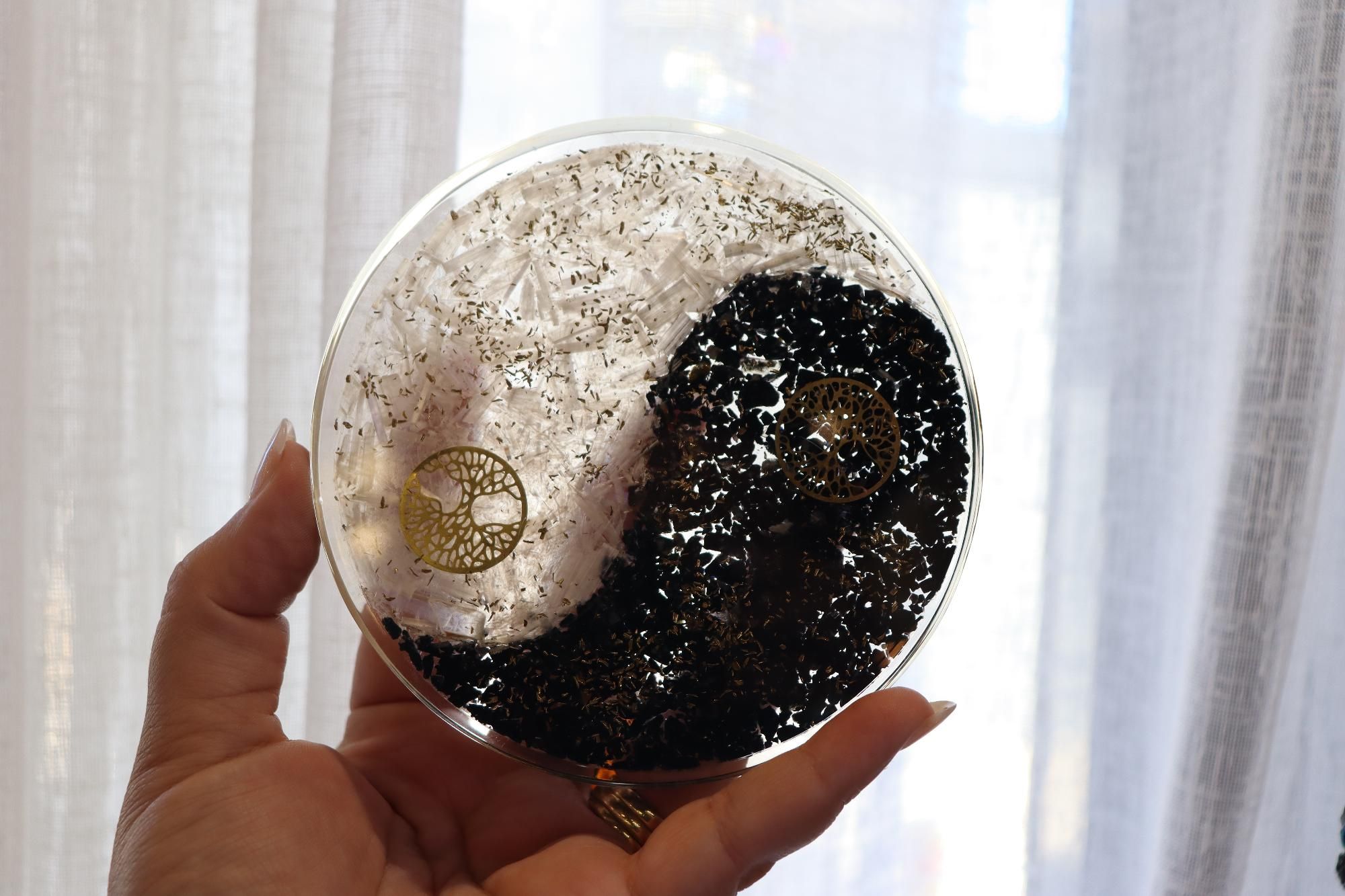 Orgonite Charging Plate | Selenite & Black Obsidian | Tree Of Life Symbol