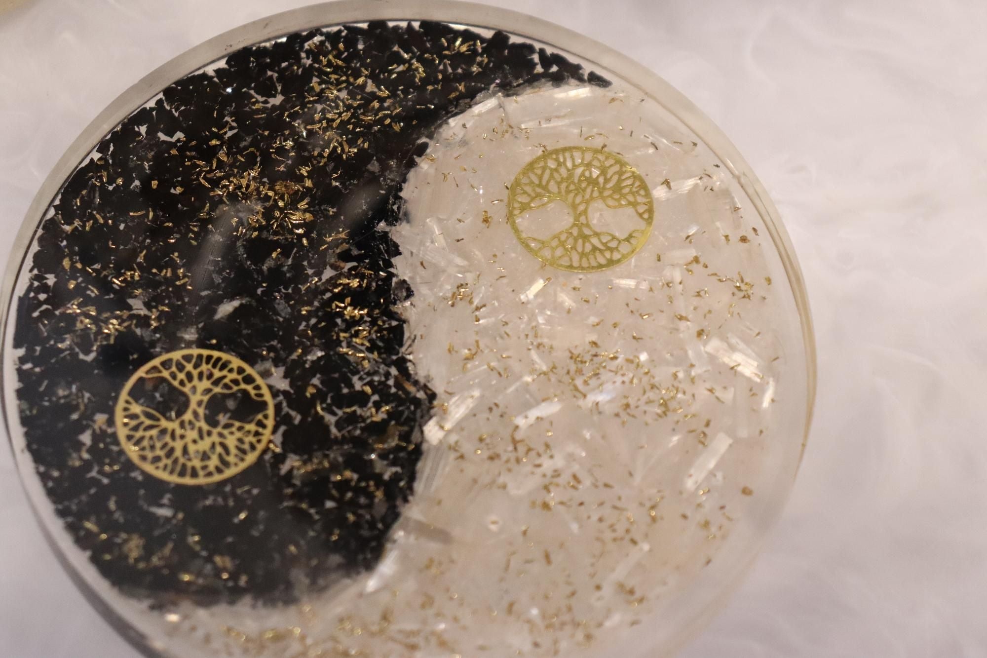Orgonite Charging Plate | Selenite & Black Obsidian | Tree Of Life Symbol