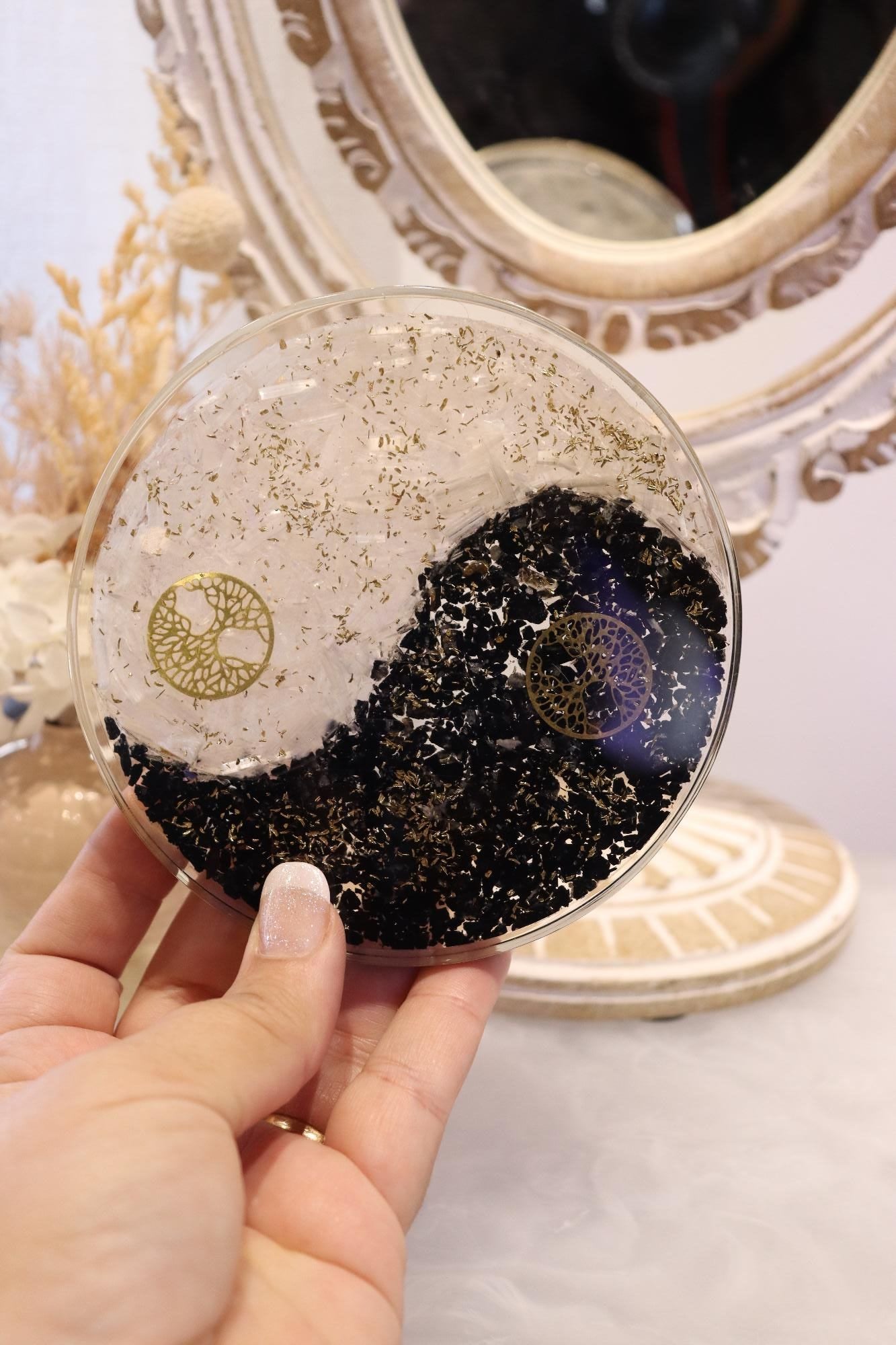 Orgonite Charging Plate | Selenite & Black Obsidian | Tree Of Life Symbol