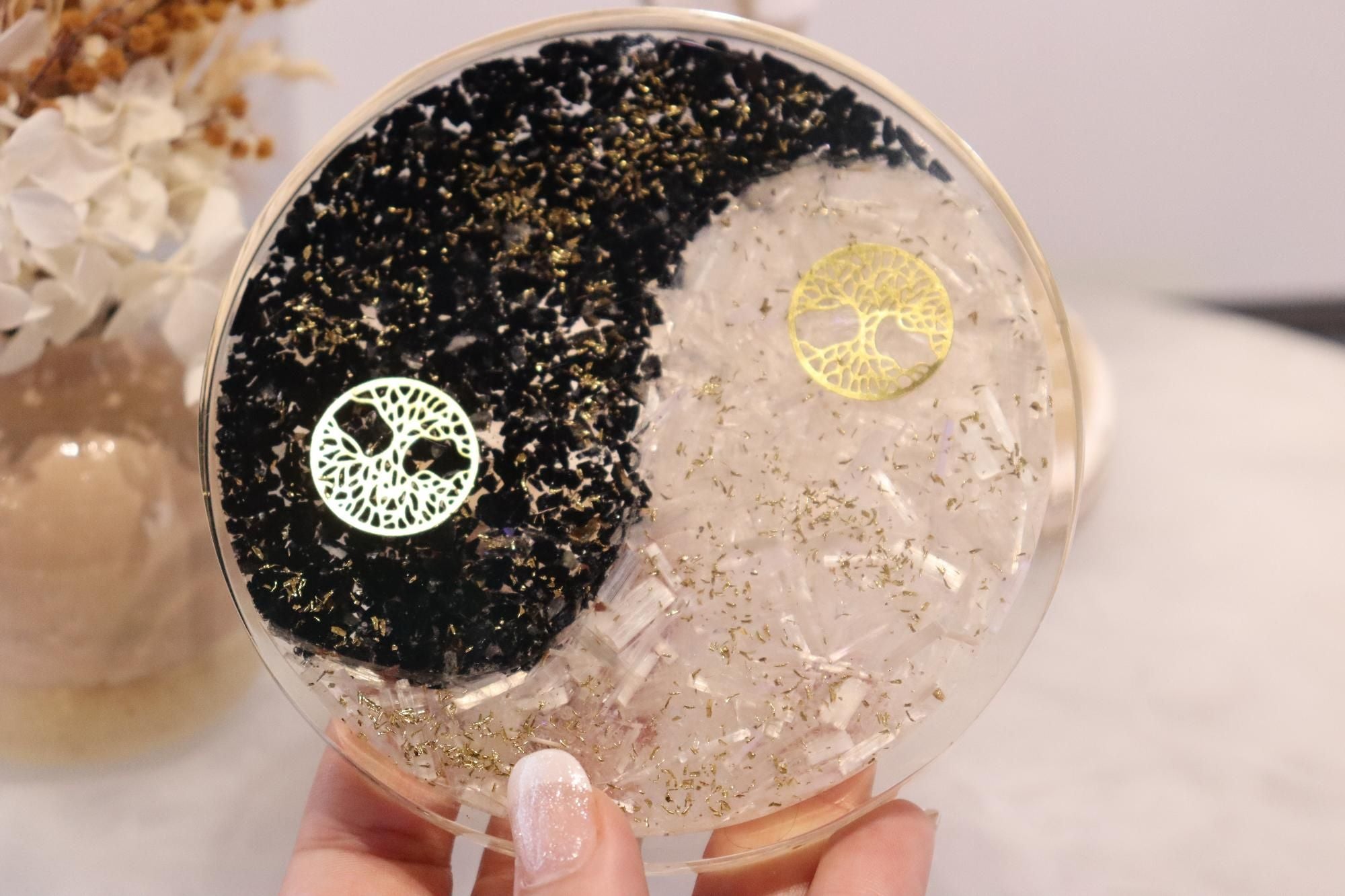Orgonite Charging Plate | Selenite & Black Obsidian | Tree Of Life Symbol