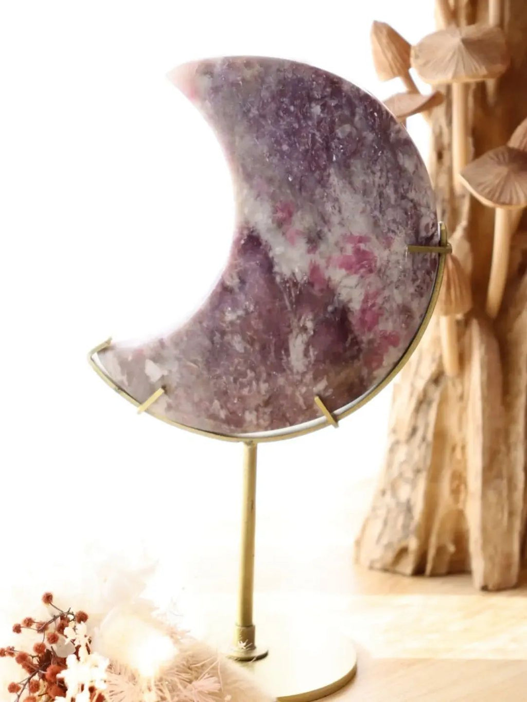 Pink Tourmaline + Lepidolite Mica Moon + Gold Metal Stand | 502g