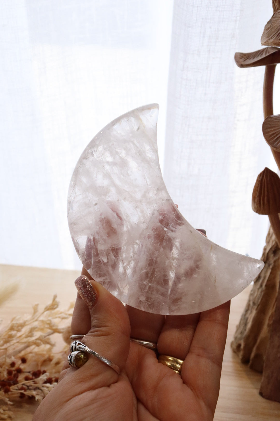 Clear Quartz Moon + Silver Metal Stand | 139g
