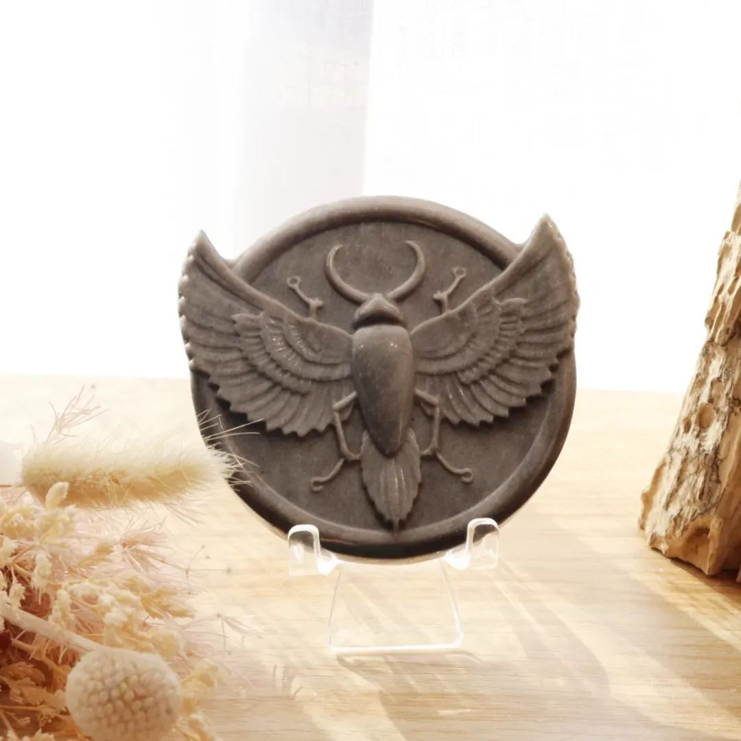 Scarab Beetle Carving Silver Obsidian + Stand